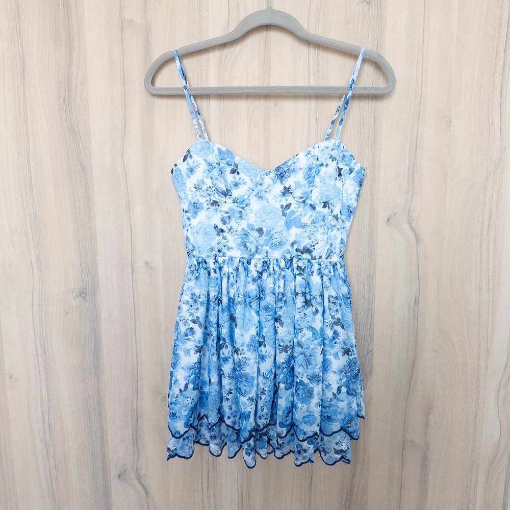 Altard State Floral Mini Dress XS Blue Scalloped Eyelet Romantic Feminine Garden